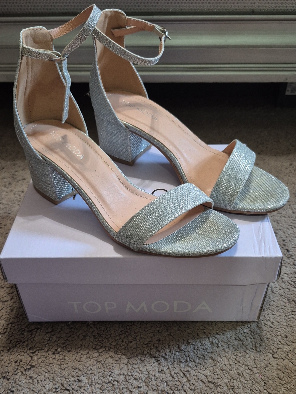 TOP Moda Silver Glitter Block Heel Sandals with Ankle Strap